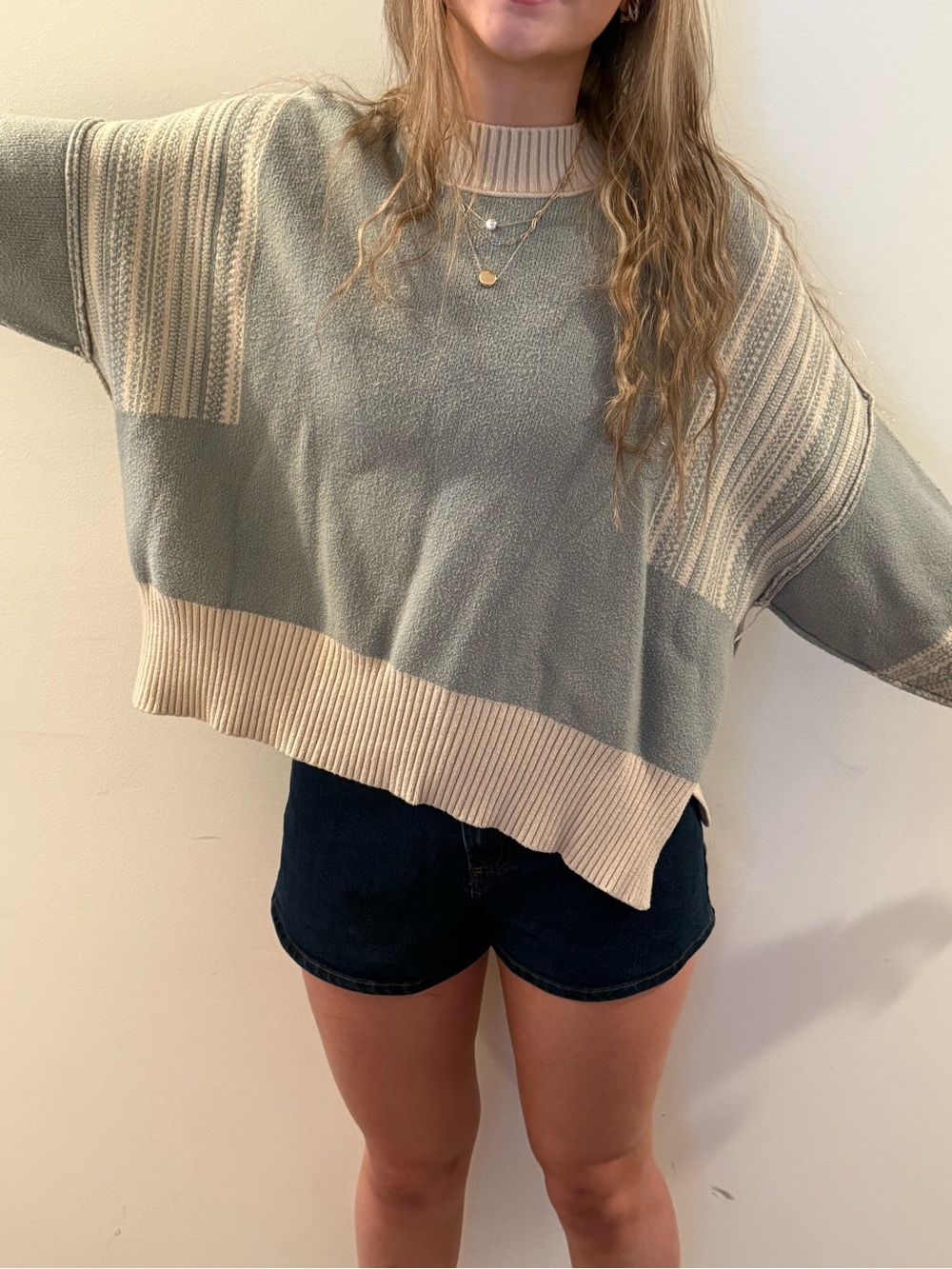 Altar'd State Sage Green and Cream Boxy Crewneck Sweater